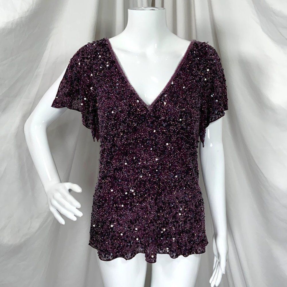 Papll Boutique Evening Women’s Dazzling Winds Purple Silk Double Sequin V Neck/